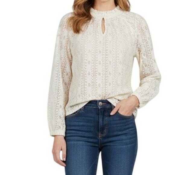Old Navy Tops - Old‎ Navy Women Creme Lace Smocked Mock Neck Keyhole Long Sleeve NWT Blouse Sz M